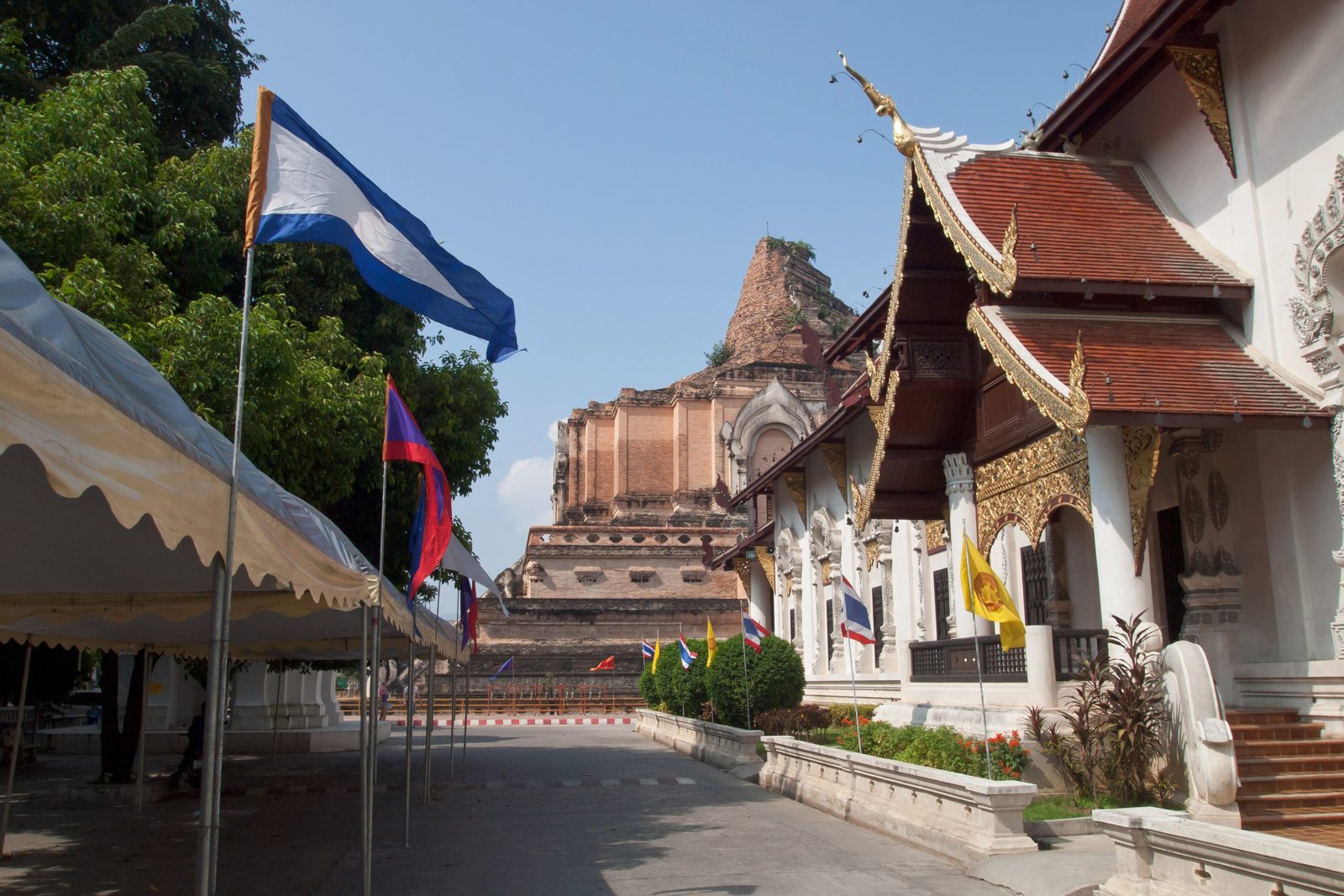 Ornate Buddhist temple buildings at Wat Chedi Luang, Chiang Mai
